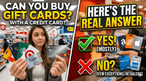 Woman holding gift cards and credit card
