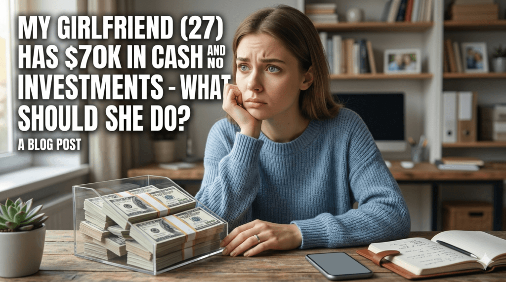 Making Smart Financial Decisions: A Girlfriend’s Guide to Cash vs. Investments A young woman thoughtfully considers her financial options, holding a pile of cash while looking at an investment chart on her phone in a sunlit cafe.