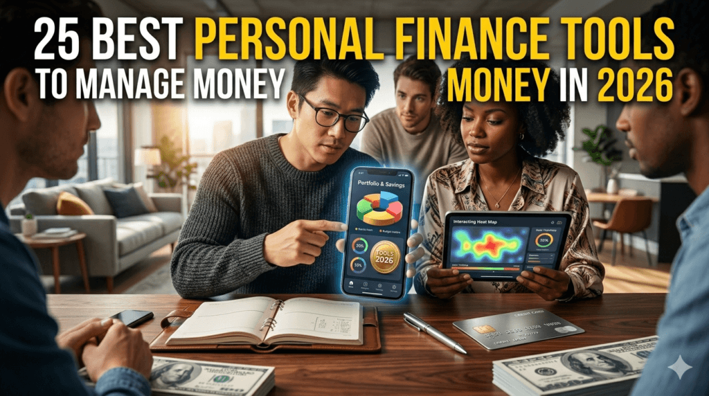 A diverse group of people collaborated around a modern table, focused on a tablet and multiple devices displaying various futuristic personal finance app interfaces. Large white and yellow text overlaid at the top reads, '25 BEST PERSONAL FINANCE TOOLS TO MANAGE MONEY IN 2026'. The scene has warm, detailed lighting and rich textures of wood, leather, and digital screens. A glowing app icon is visible